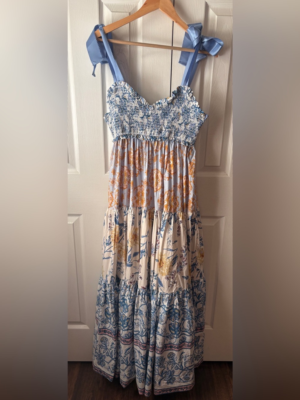 free people Bluebell White Floral Patchwork Cotton Poplin Smocked Maxi Dress S - Picture 3 of 11